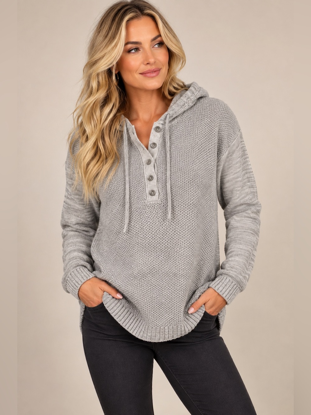 Ruff Hewn Light Gray Knit Hooded Henley Sweater Cotton Blend Size Large